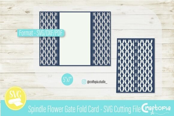 Blue gate fold card design with spindle flower pattern on side panels.