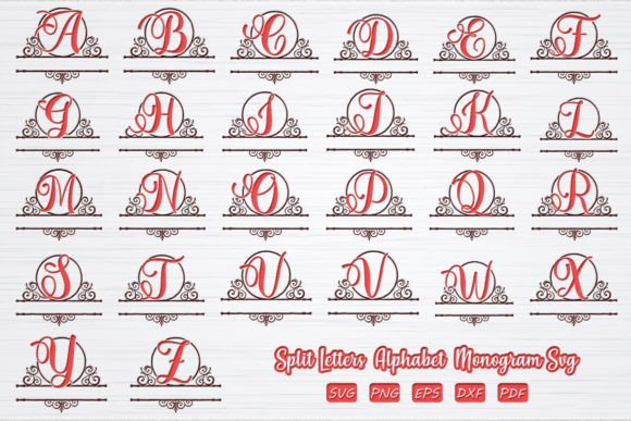 Alphabet monogram designs with ornate split letters A to Z on a white background.