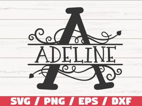 Split monogram letter 'A' with decorative swirls and the name 'Adeline' across the center.