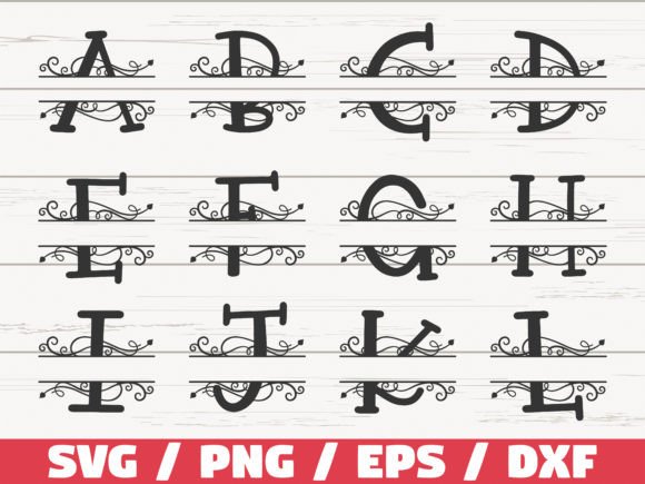 Set of split monogram letters A to P with decorative swirls across the center of each letter.