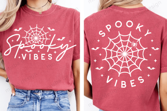 Red shirt with 'Spooky Vibes' text, spider web, and bats design on front and back.