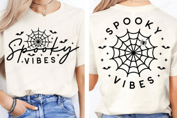 White shirt featuring 'Spooky Vibes' text with a spider web and bats on both sides.