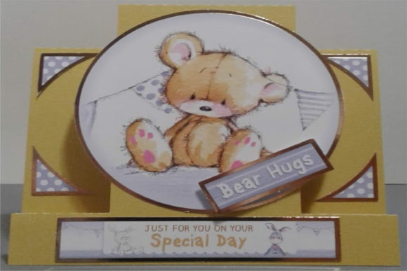 Stepper card with a teddy bear illustration and 'Bear Hugs' text.