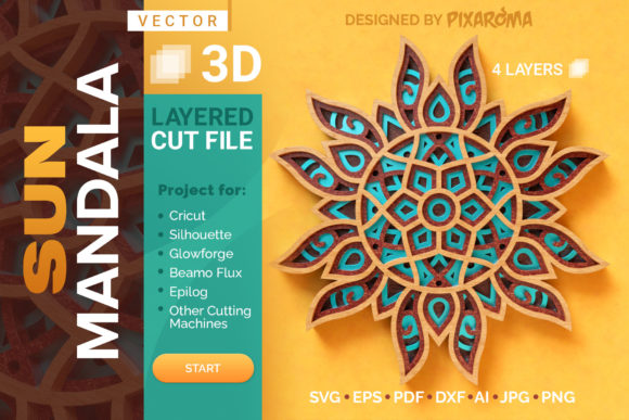 3D layered sun mandala cut file for Cricut with intricate design and vibrant colors.