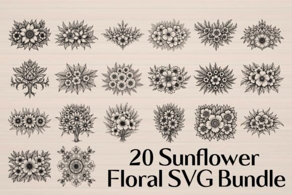 Twenty intricate sunflower and floral SVG designs on a beige background.