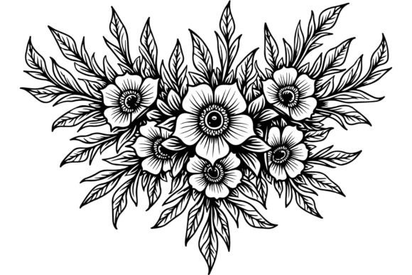 Detailed black and white floral design with five flowers and leaves.