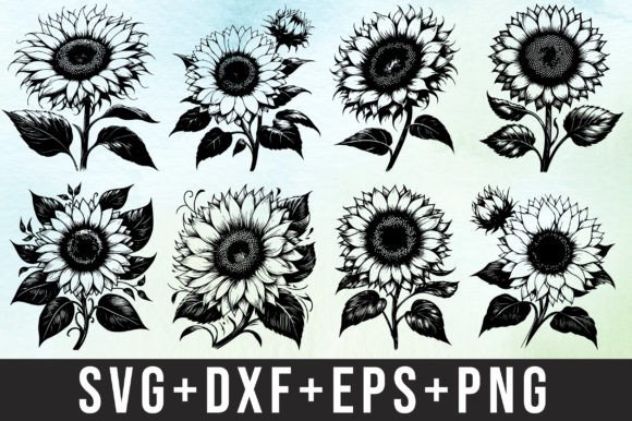 Eight detailed black and white sunflower illustrations with leaves on a light background.