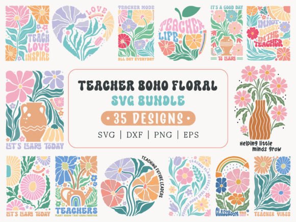Collection of boho floral SVG designs with teacher quotes, perfect for Cricut projects.