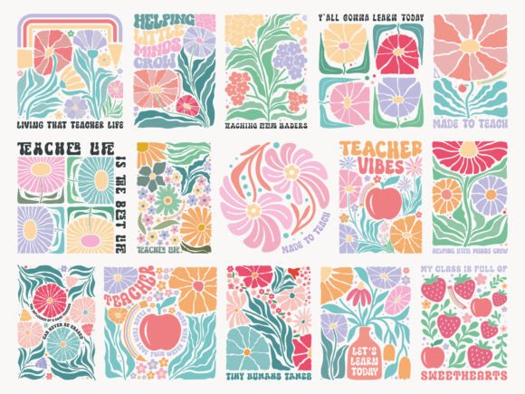 Assorted boho floral SVG patterns with teacher motifs, ideal for Cricut creations.