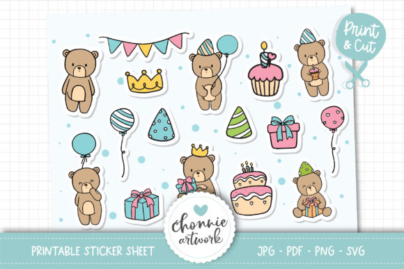 Sticker sheet with teddy bears, balloons, cupcakes, and party hats on a grid background.