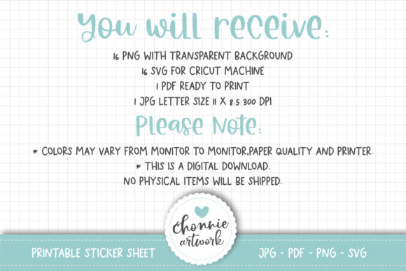 Text listing digital download contents and printing notes on a grid background.