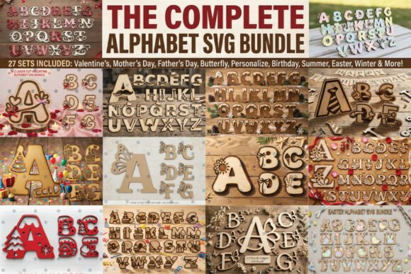 Collage of various alphabet designs with themes like Christmas, Easter, and summer, featuring decorative letters.