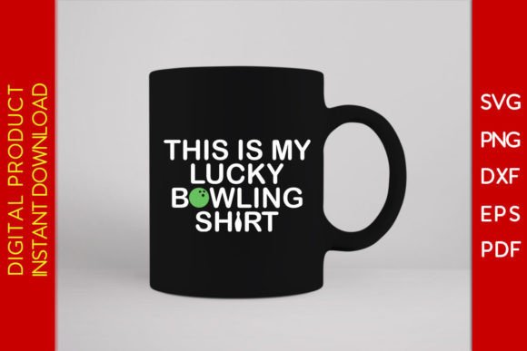 Black mug featuring 'This is My Lucky Bowling Shirt' SVG design, great for Cricut projects.