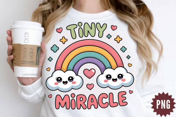 Woman holding coffee cup wearing shirt with Tiny Miracle rainbow and clouds design for Cricut projects.