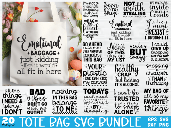 Collage of tote bag designs with humorous text phrases in black on white.