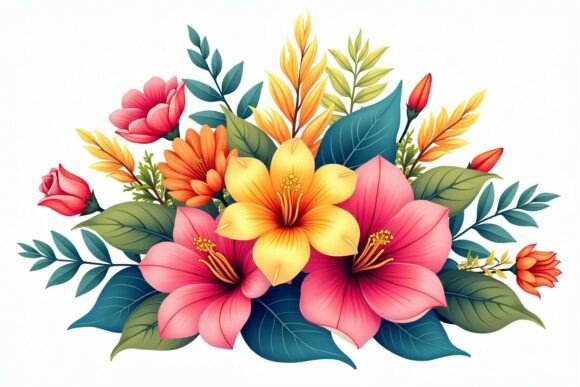 Colorful tropical floral arrangement SVG with hibiscus and lush leaves for Cricut designs.