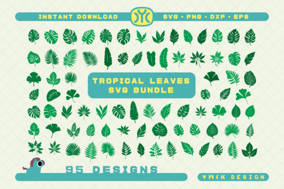 Collection of 95 tropical leaf SVG designs for Cricut projects.