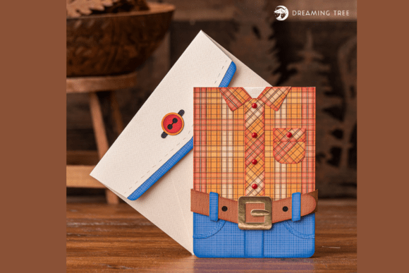 Fun fold card SVG featuring a plaid shirt design with a belt and envelope, perfect for Cricut projects.