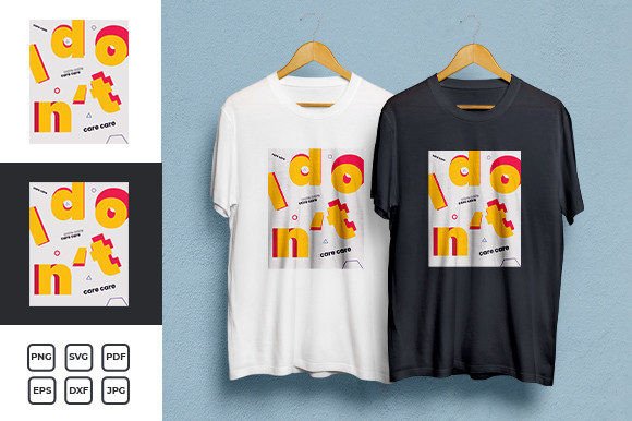 Two t-shirts, one white and one black, with abstract yellow and red geometric design.