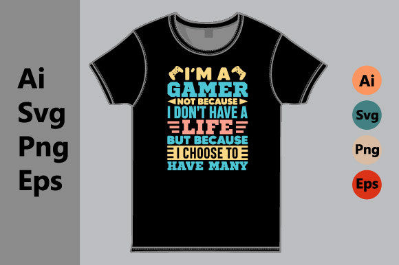 Black t-shirt featuring a colorful gamer-themed text design with controllers, same wording as previous image.