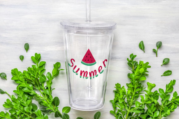 Clear tumbler decorated with a watermelon slice and 'Summer' text in SVG format, surrounded by green leaves.