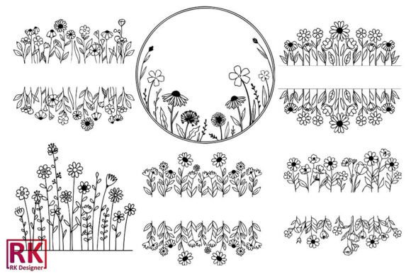 Collection of black and white floral SVG designs with various wildflower arrangements.