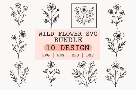 Collection of 10 black line art wildflower designs on a white background.