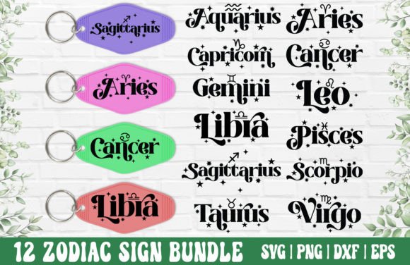 Four colorful motel keychains with zodiac signs for Cricut projects