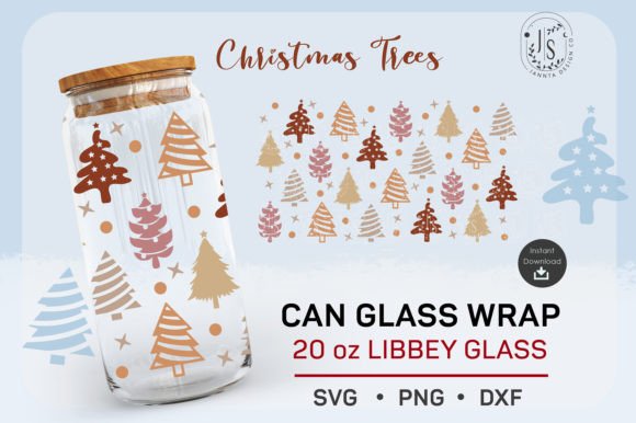 Glass can with a wrap featuring multicolored Christmas trees and dots.