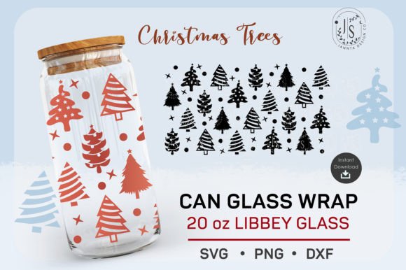 Glass can with a wrap featuring red Christmas trees and dots.