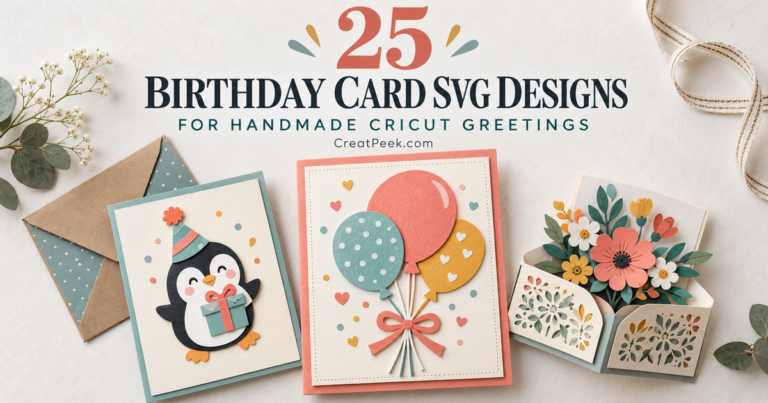 Layered birthday card SVG designs featuring balloons, a penguin, flowers, and a coordinating envelope.