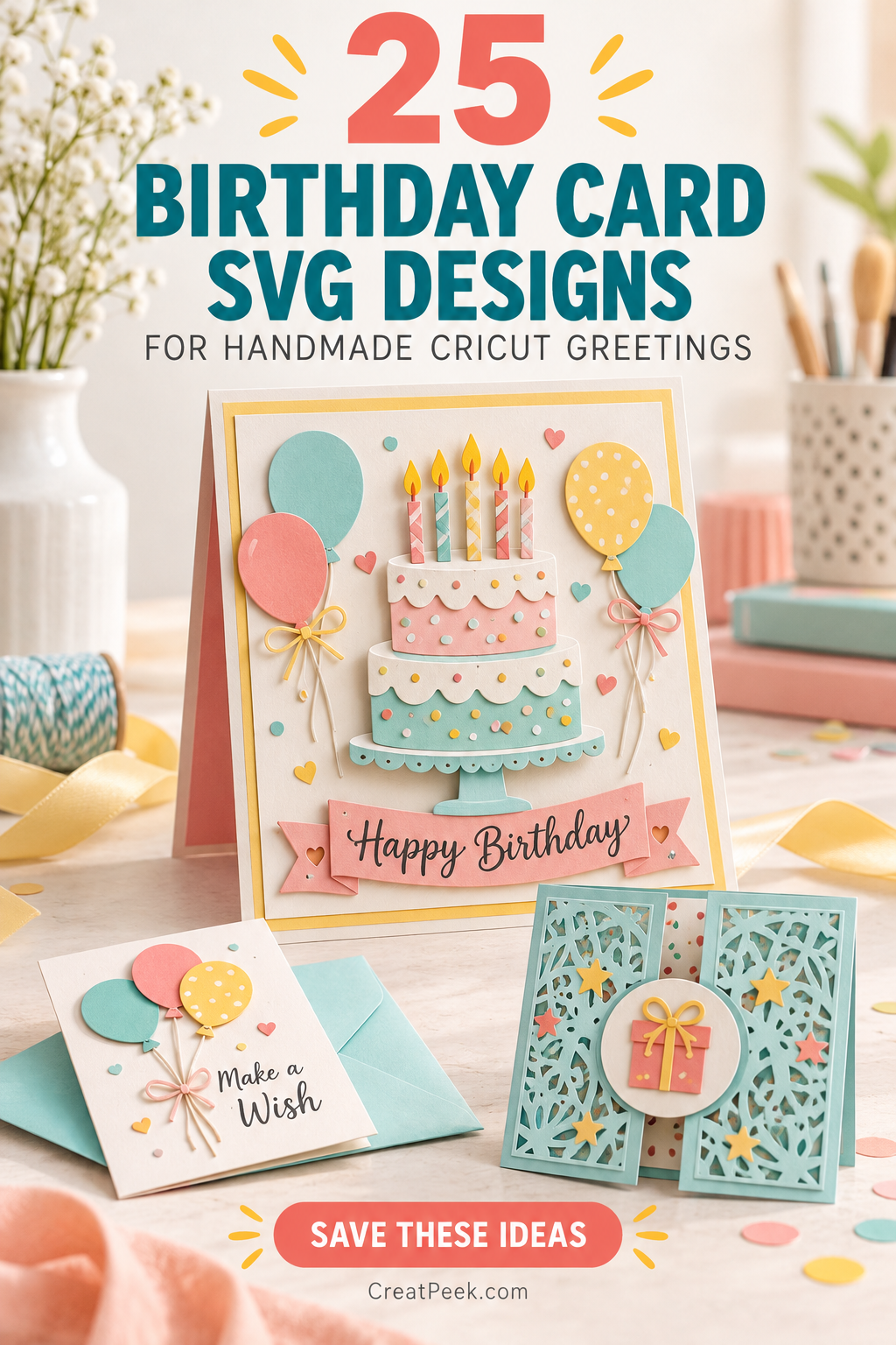 Birthday card SVG designs featuring a layered cake card, envelope insert, and aqua gatefold card.