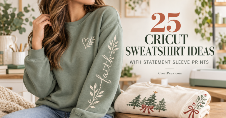 Woman wearing a sage sweatshirt with a faith sleeve print beside a folded Christmas sweatshirt.