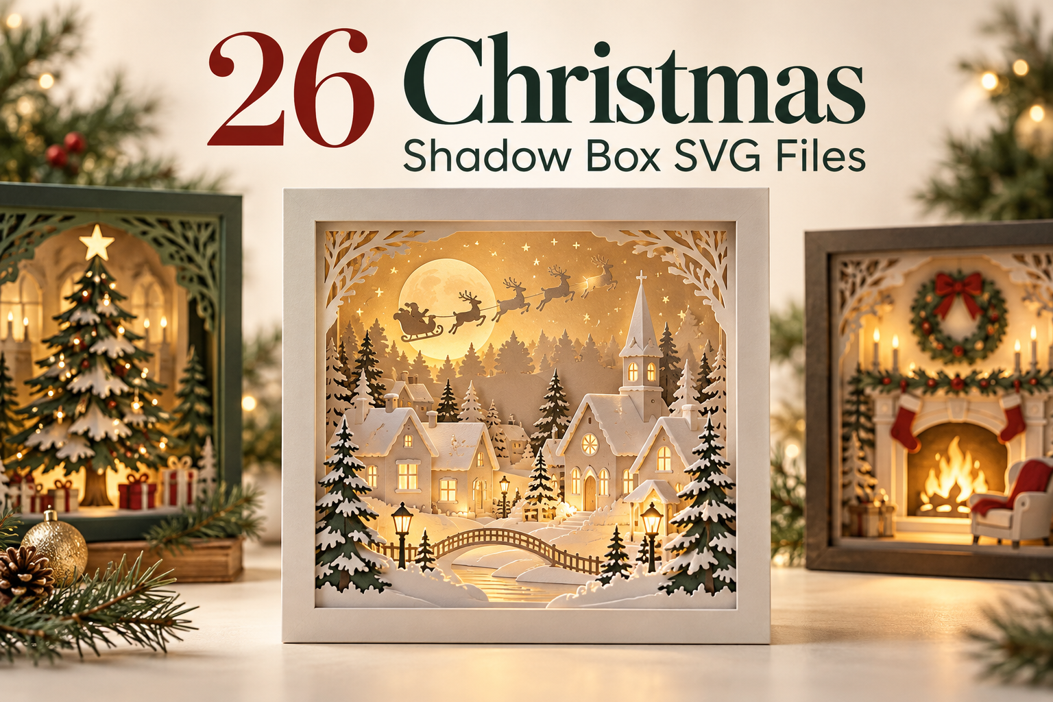 Layered Christmas village, Christmas tree and fireplace shadow boxes from a collection of 26 Christmas shadow box SVG files.