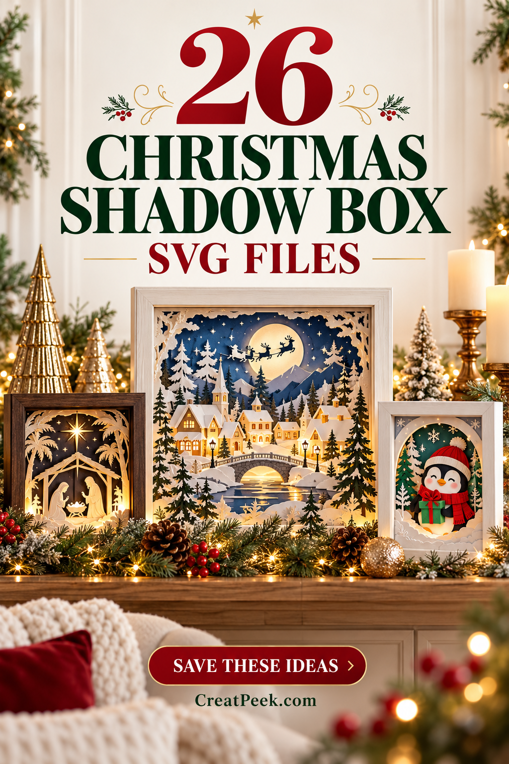 Pinterest pin featuring illuminated Christmas village, Nativity and penguin shadow boxes with the text 26 Christmas Shadow Box SVG Files.