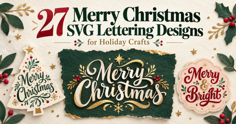 Merry Christmas SVG lettering on a green paper panel with tree-shaped and retro holiday designs.
