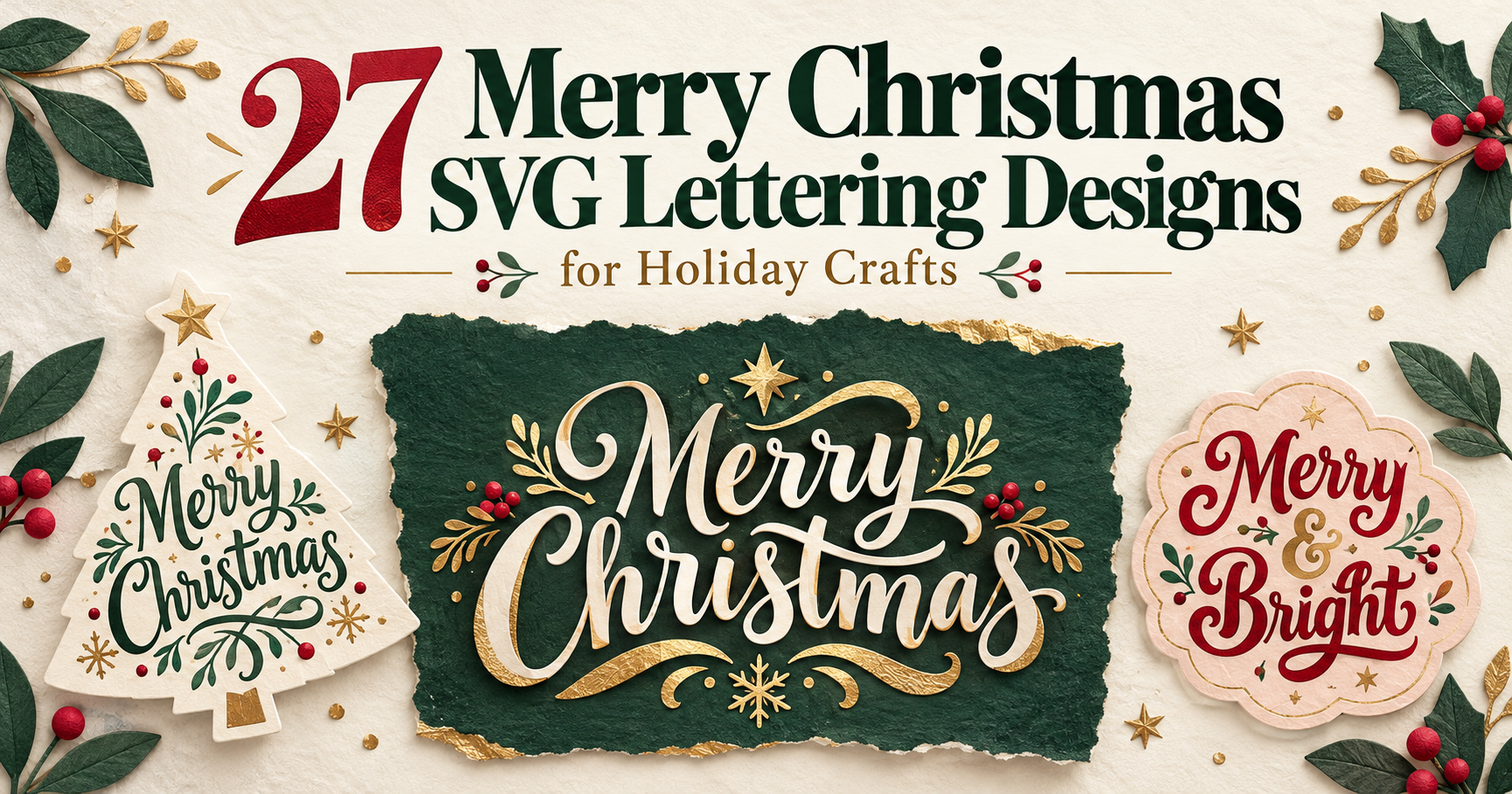 Merry Christmas SVG lettering on a green paper panel with tree-shaped and retro holiday designs.