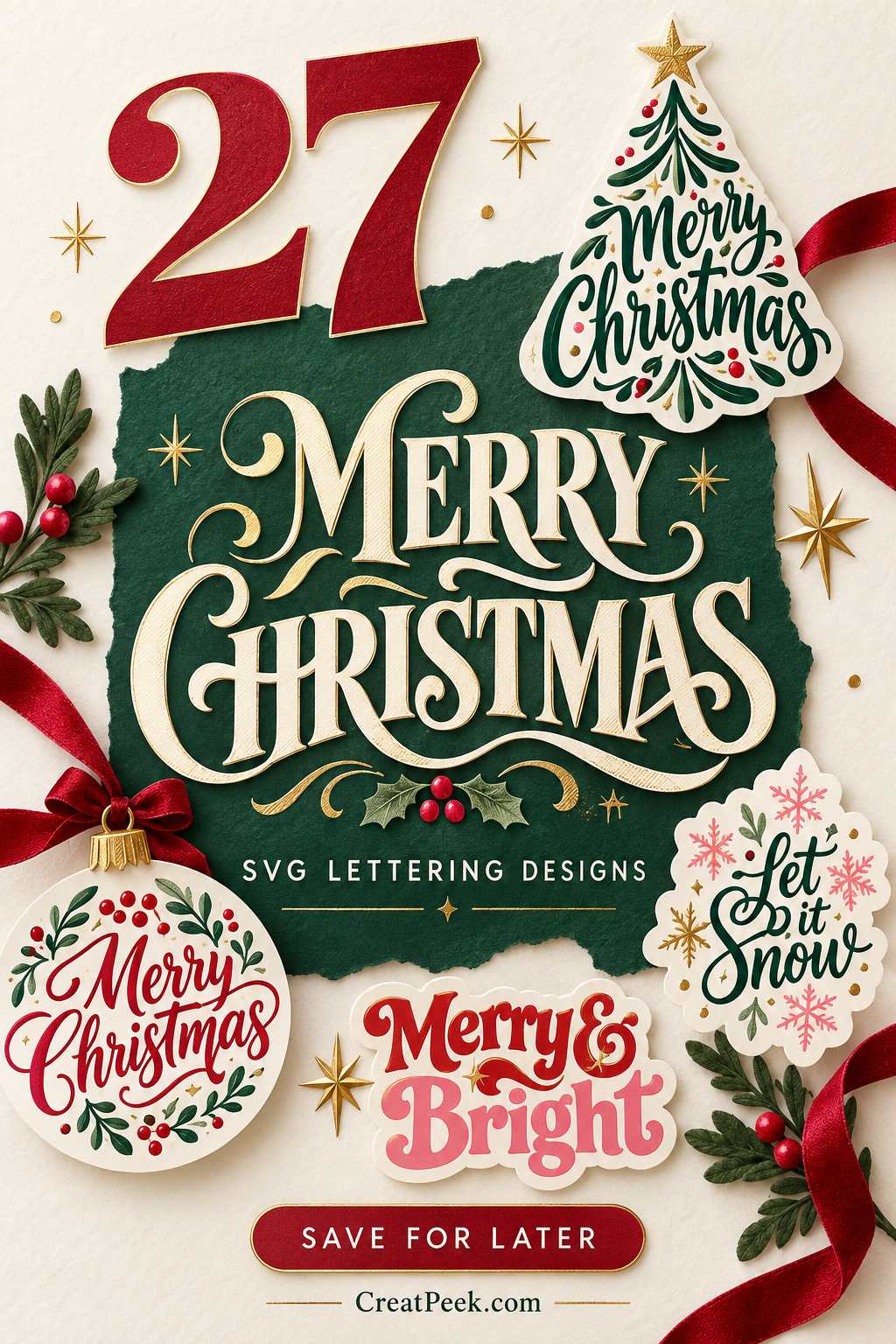 Merry Christmas SVG lettering collage with tree, ornament, snowflake, and retro holiday designs.