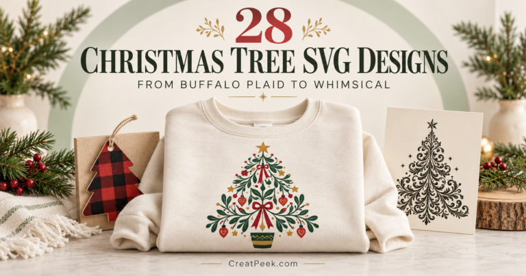 Merry Christmas tree lettering beside a layered paper tree and geometric tag for Christmas tree SVG ideas.
