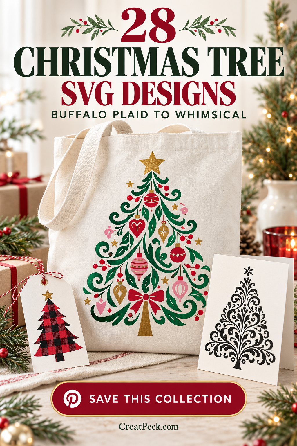 Christmas tree SVG designs shown on a framed sign, holiday card, leopard pouch, and layered paper tree.