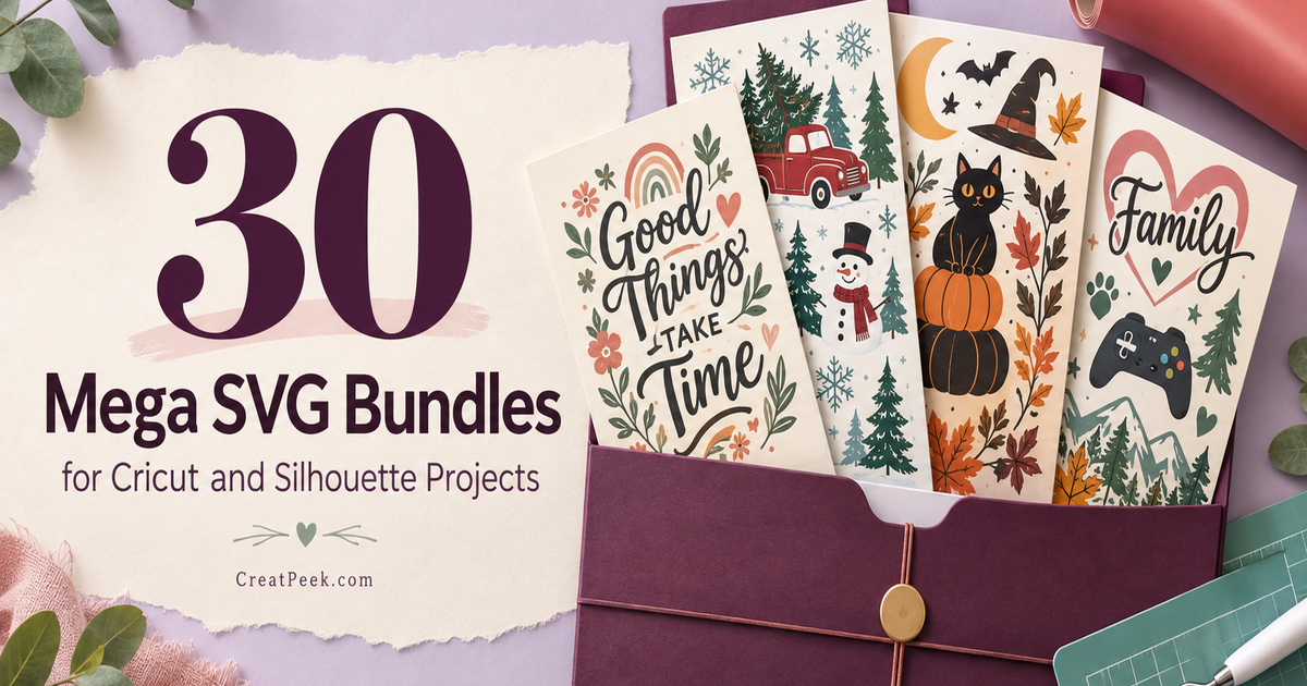 Plum portfolio folder holding seasonal, quote, family, and gaming SVG bundle designs beside the article title.