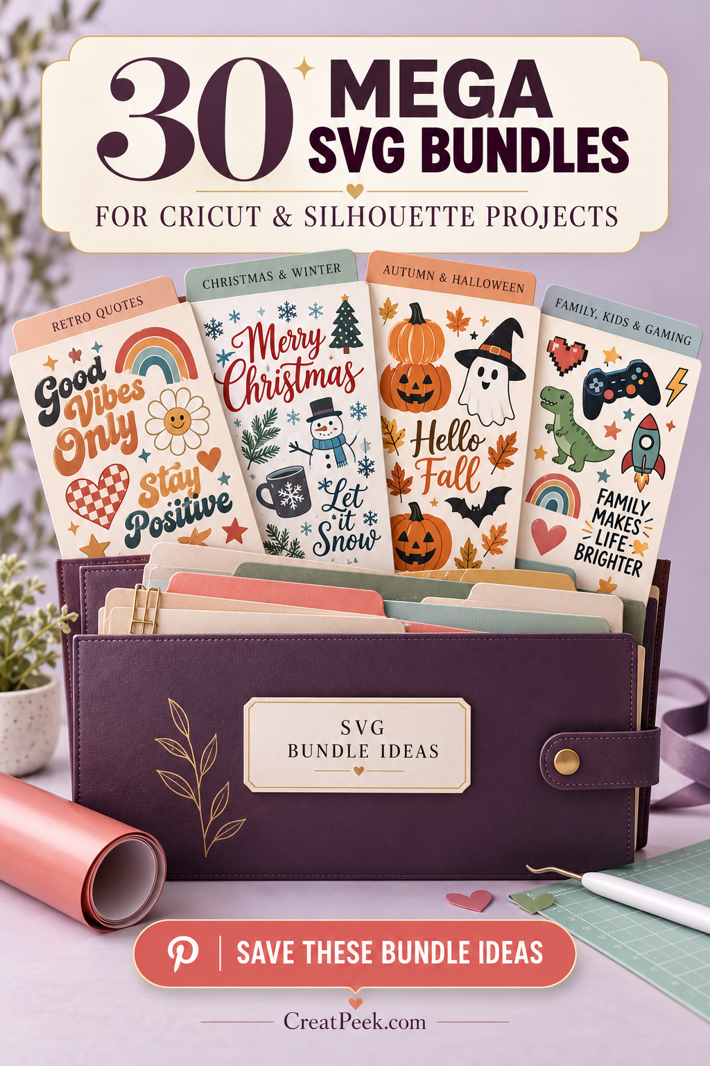 Plum portfolio folder filled with retro quote, Christmas, autumn, Halloween, family, and gaming SVG bundle ideas.