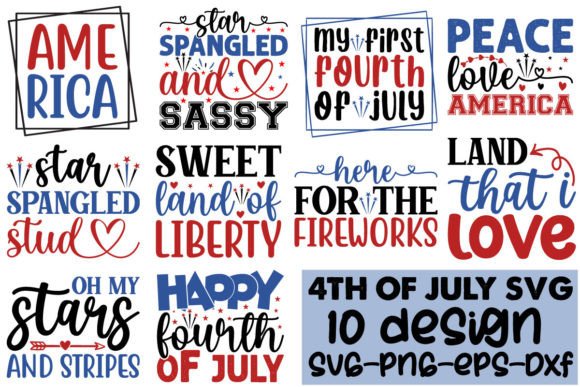 Patriotic-themed SVG designs with phrases like 'Star Spangled' and 'Land of Liberty'.