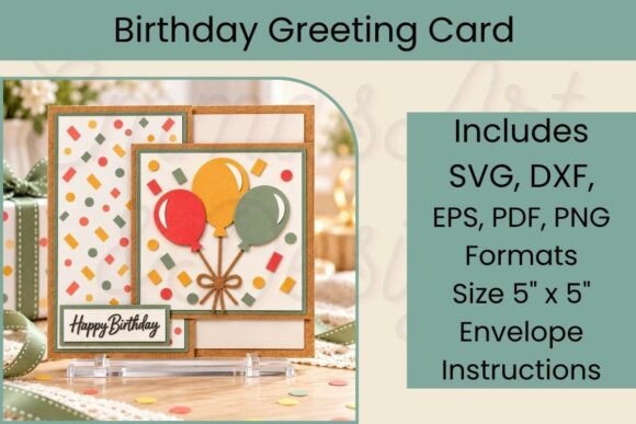 3D birthday card with colorful balloons and confetti design, 'Happy Birthday' text on front.