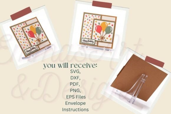 Three images of a 3D birthday card with balloons and confetti, shown open and closed.