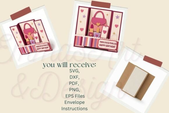 Collage showing the 3D birthday card with handbag and lipstick, and a closed envelope.
