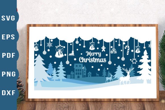 3D shadow box with snowflakes, trees, reindeer, and 'Merry Christmas' text.