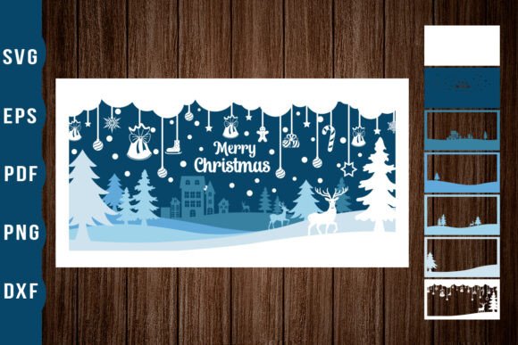 Layered components of a 3D shadow box with trees and 'Merry Christmas' text on wood background.
