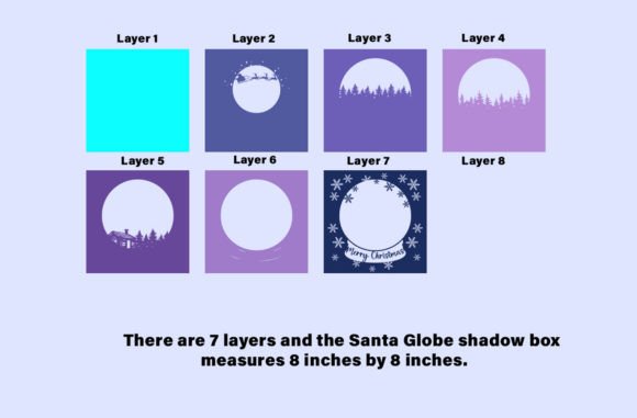 Layered SVG design showing 7 different layers of a Christmas snow globe shadow box for crafting.