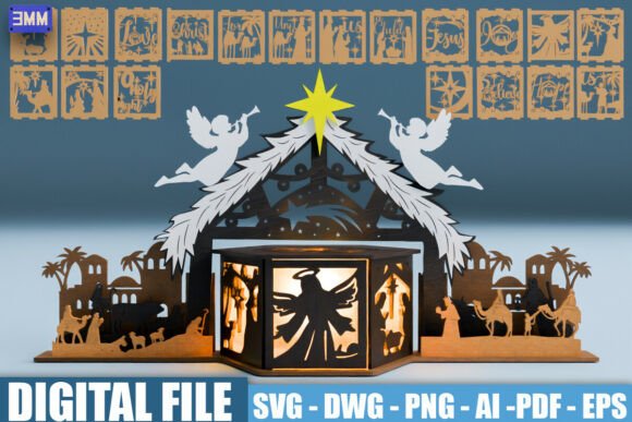 3D nativity scene with angels, star, and silhouettes of Mary, Joseph, and animals in a shadow box.